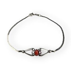 Sterling Shell Chain Bracelet Red Cabochon Serpentine 925 Silver Goldex Italy 7"